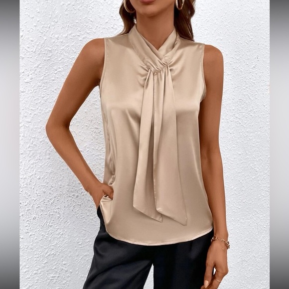 Boho khaki tie neck satin blouse - Picture 2 of 6